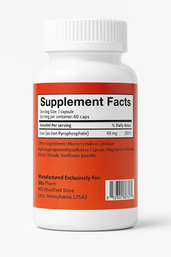 Vista 5 de Suplemento de hierro liposomal máximo 60 cápsulas (45 mg de hierro elemental puro) por Siba Pharm Fórmula de máxima absorción Sin OMG, vegano