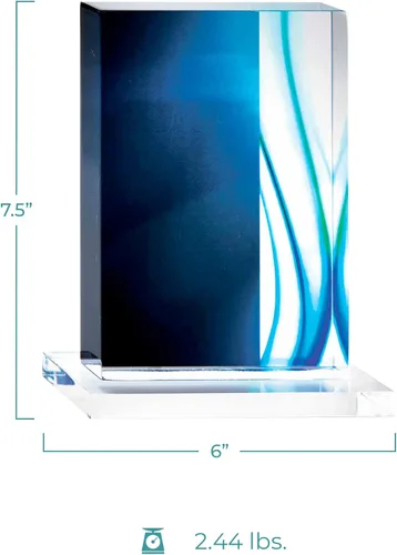 Vista 4 de Trofeo grabado – Acrílico azul – Forma rectangular – Acentos de rayas de colores – Grabado personalizado – Premio para empleados Estilo personalizado