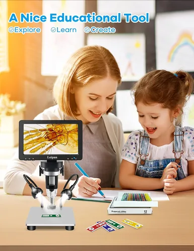 Vista 11 de Microscopio digital LCD de 7 pulgadas 1200X, microscopio Leipan de moneda de 12 MP con pantalla para adultos, microscopio de video 1080P con tarjeta