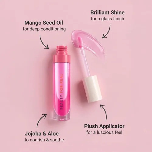 Vista 5 de Beauty For Real Lip Revival Hi-Shine - Aceite labial hidratante, boina de frambuesa (rosa transparente) - Ligero - Antiadherente, acabado brillante
