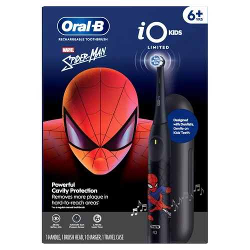 Vista 10 de Oral-B iO Kids Limitada Cepillo de dientes eléctrico recargable, Spiderman con 1 Cabezal de Cuidado Suave - Sensor Automático de Presión
