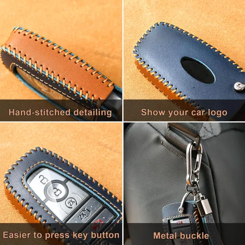 Vista 3 de Funda de llavero para Ford, funda de piel auténtica con llavero para Ford, Azul