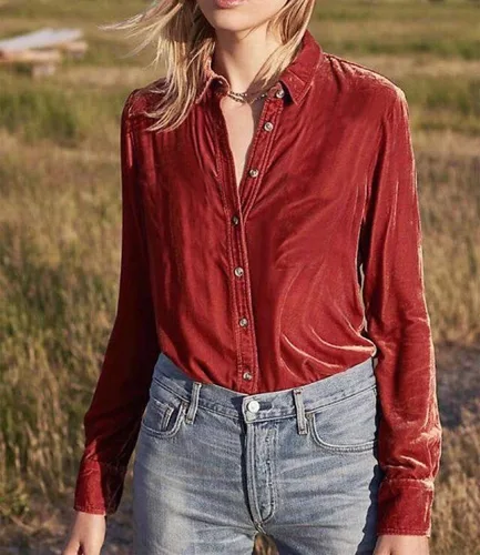 Vista 2 de R.Vivimos Camisetas casuales de terciopelo de manga larga con botones para mujer