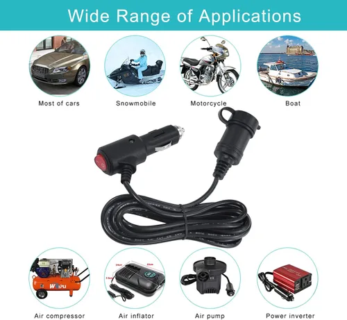 Vista 7 de Cable de extensión de encendedor de cigarrillos CC de 10 pies y 12 voltios con interruptor de encendido y apagado, cable de extensión de carga