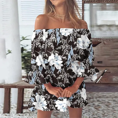 Vista 2 de Ceboyel Women Marble Print Ruffle Dress Off Shoulder Summer Dresses Sexy Vacation Sun Dress Summer Beach Outfits 2023