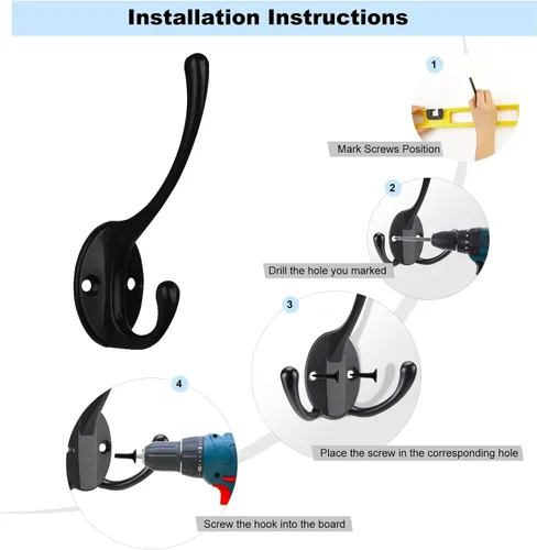 Vista 3 de Kruodop 10 Piezas Ganchos para Abrigos Ganchos de Pared para Colgar Trabajo Pesado, Ganchos para Toallas Negros Montados en la Pared, Colgador