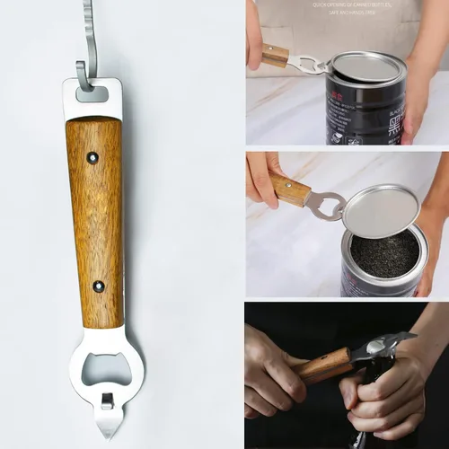 Vista 2 de Abrelatas de acero inoxidable para cocina, mango de madera de acacia manual con agujero para colgar, perforador de botella duradero, abrebotellas