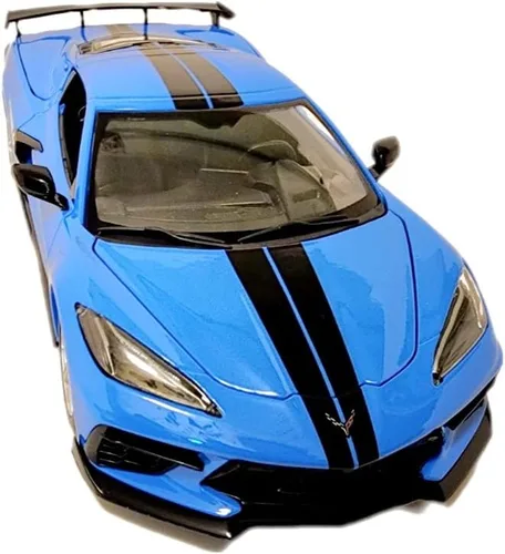Vista 3 de Chevy Corvette Stingray C8 Coupé 2020 con ala alta azul con rayas negras 118 modelo fundido a presión Car31455