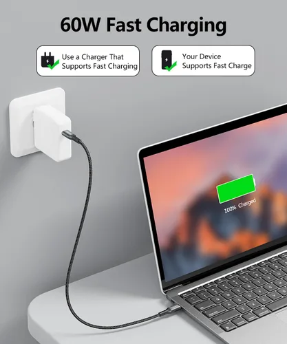 Vista 2 de Cable USB C a USB C de 1.5 pies, paquete de 4 cables USBC a USBC de 60 W, cable de carga tipo C a C, carga rápida para iPhone 16 15 Pro Max/Plus