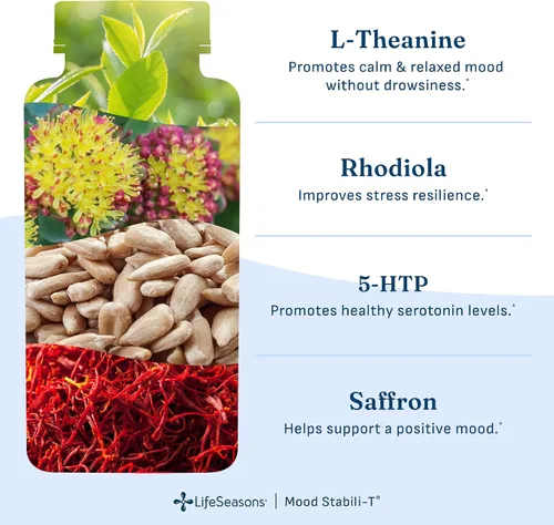 Vista 4 de LifeSeasons Mood Stabili-T Suplemento de apoyo emocional y equilibrio con azafrán, rodiola, L-teanina, 5-HTP y ginkgo - Enfoque tranquilo, apoyo al