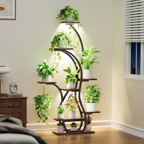 Vista 3 de Soporte para plantas de interior con luces de crecimiento, estante esquinero de 65 pulgadas para interiores, 8 niveles altos iluminados para plantas