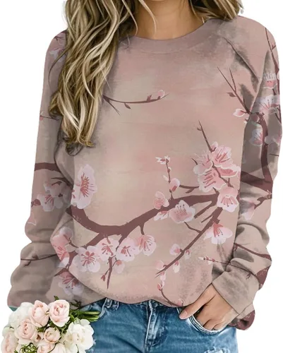 Vista 6 de ZOCANIA Sudaderas para mujer, sin capucha, manga larga, cuello redondo, estampado floral, ajuste holgado