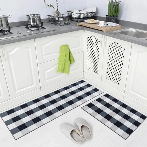 Vista 11 de Juego de 2 alfombras de cocina de 17 x 48 pulgadas + 17 x 24 pulgadas, tapetes antideslizantes lavables para suelo de cocina, 2 tapetes cómodos