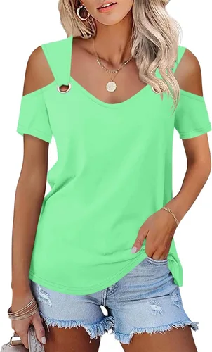 Vista 13 de Minetom - Camisetas básicas de verano para mujer, de manga corta, con hombros descubiertos y cuello en V