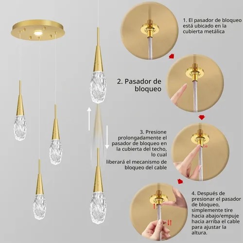 Vista 3 de 3 luces LED colgantes para isla de cocina, lámpara regulable dorada, moderna iluminación colgante de cristal para comedor, dormitorio, sala