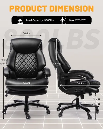 Vista 2 de Silla de oficina ejecutiva grande y alta con soporte lumbar ajustable, asiento extra ancho, silla de escritorio de computadora resistente