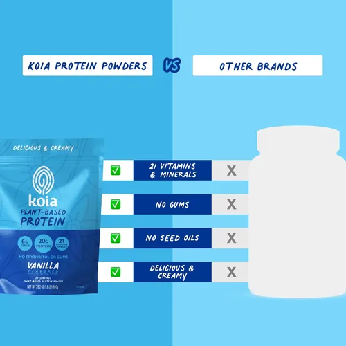 Vista 7 de Koia - Proteína en polvo a base de plantas, vainilla, 20 g de proteína, 3 g de azúcar, 6 g de fibra prebiótica, antes y después del entrenamiento