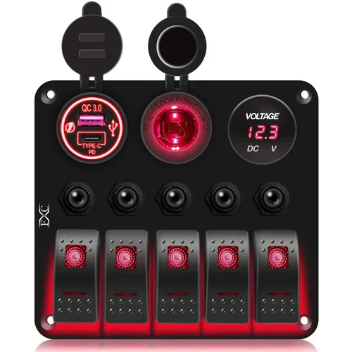 Vista 8 de FXC Panel de interruptor basculante azul marino impermeable de 5 segmentos con enchufe USB QC3.0 y ranura tipo C + encendedor de cigarrillos +