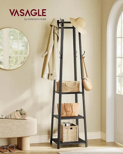 Vista 2 de VASAGLE - Perchero independiente con 4 estantes Perchero para ropa, sombrero, bolsa, estilo básico moderno, gris carbón, colección BARNET