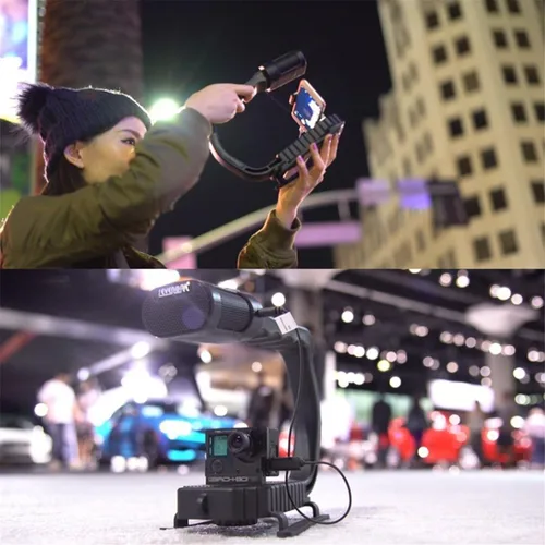 Vista 2 de [Renovado] Agarre de mango de video con micrófono integrado para DJI OSMO, estabilizador de mano universal de cámara Sevenoak Micrófono estéreo