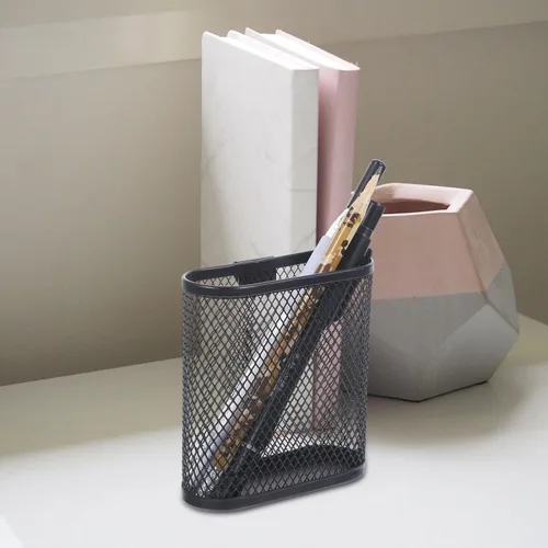 Vista 2 de Organizador de escritorio de metal con forma ovalada de malla negra para almacenamiento de artículos de papelería de oficina, 3.93 x 3.54 x 1.37
