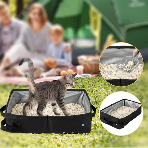 Vista 3 de Caja de arena plegable para gatos, caja de arena de viaje portátil para gatos con forro impermeable, ligera y fácil de limpiar, bandeja de arena