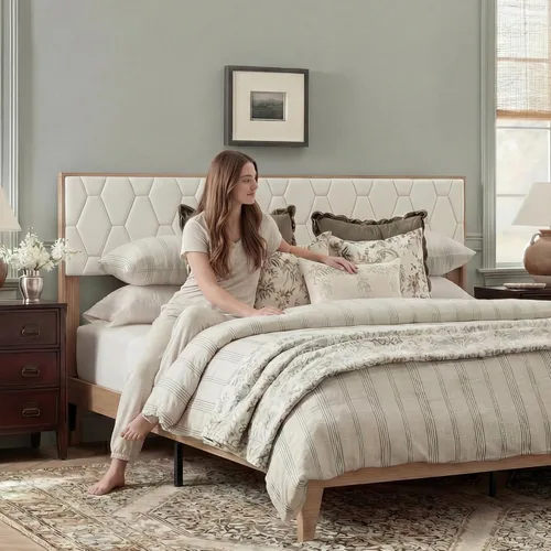 Vista 7 de Brafab Base de cama tamaño King, marco de cama de madera con cabecera de terciopelo copetudo de diamante, plataforma de madera con cabecera