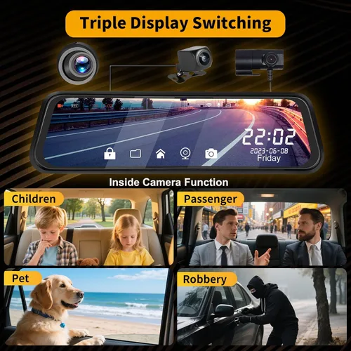 Vista 11 de Cámara de tablero WiFi de 3 canales de 9.66 pulgadas con cámara frontal y trasera, pantalla táctil IPS, triple cámara de espejo retrovisor