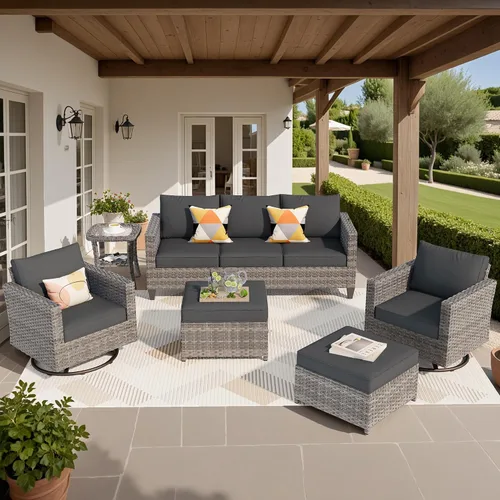 Vista 13 de ovios Juego de muebles de patio de 5 piezas, sofá de mimbre para exteriores con otomanas cómodos cojines, juego de conversación moderno para Beige