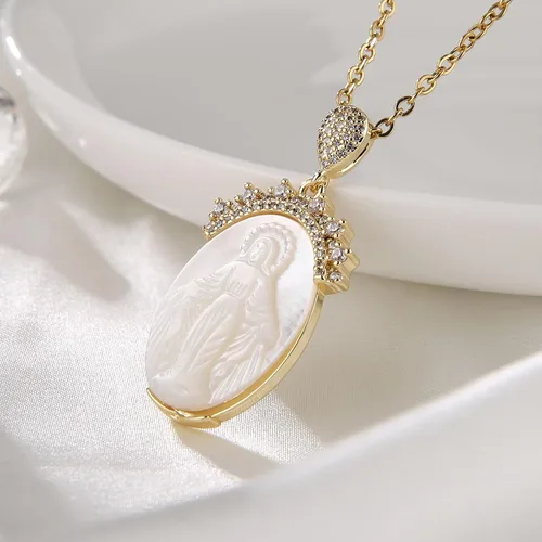 Vista 4 de HZMAN 14K Gold Plated Virgin Mary Necklace for Women Girls Religious Dainty Shell Material Our Lady of Guadalupe Amulet Pendant Jewelry Gift