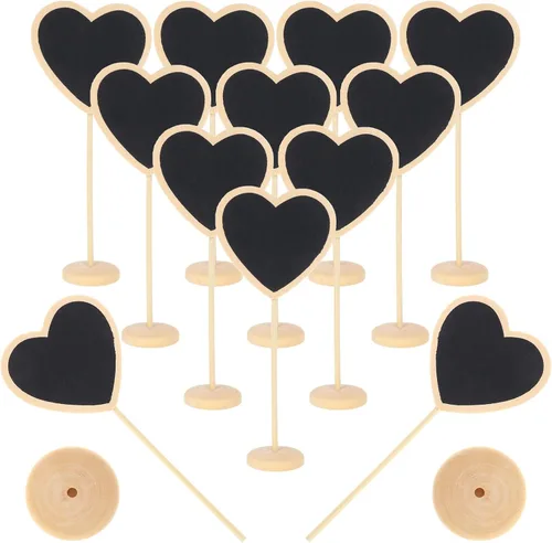 Vista 2 de 12 pizarras pequeñas con forma de corazón y soporte para tablero de mensajes, letreros pequeños de madera para bodas, fiestas de cumpleaños, números