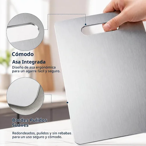 Vista 5 de Tabla de cortar de acero inoxidable, uso de doble cara, para cortar carne, frutas, verduras, apta para lavavajillas, tablas de cortar de 13 x 8