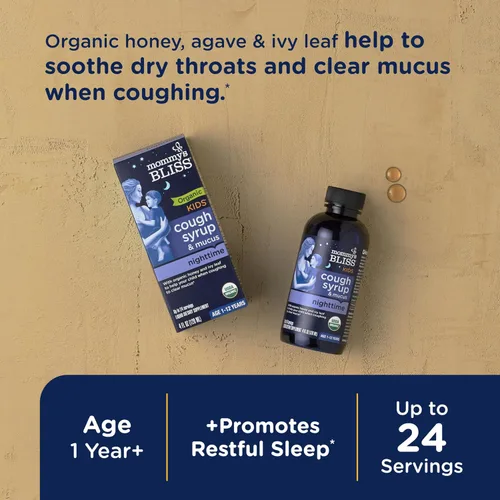 Vista 2 de Mommy's Bliss Jarabe orgánico para la tos y alivio de la mucosidad para niños, agave y miel, hoja de hiedra, zinc, vitamina C, jarabe para la tos