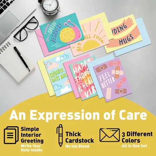 Vista 4 de S&O Fun Tarjetas de Mejórate Pronto con Sobres, Juego Colorido de 24 Tarjetas - Lindos Regalos para Hombres y Mujeres - Hojas de Mejórate Pronto