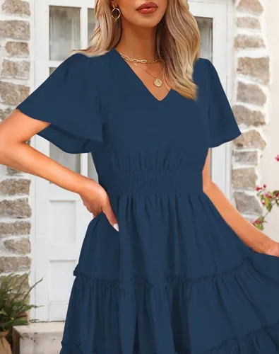 Vista 6 de Zattcas Vestidos de otoño de manga larga 2023 para mujer, cuello en V, cintura fruncida, casual, fluido, acampanado, vestido midi de trabajo