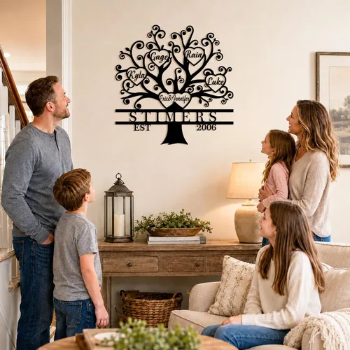 Vista 2 de Letrero de metal personalizado del árbol de la vida, letrero de metal con nombres de niños, regalo personalizado de apellido, recuerdo familiar