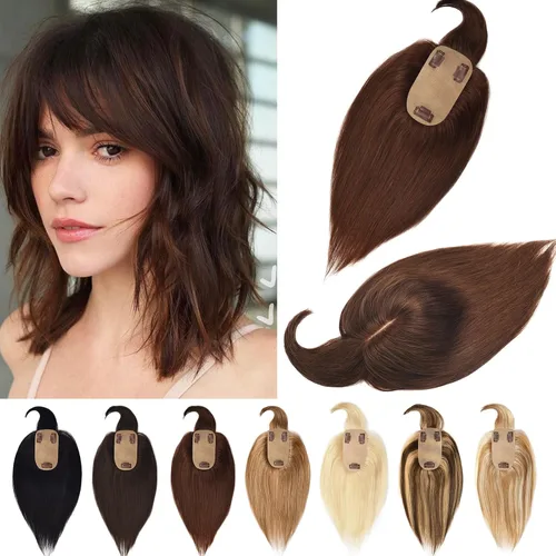 Vista 9 de Toppers de cabello humano real para mujeres con cabello delgado, 6 pulgadas, marrón oscuro