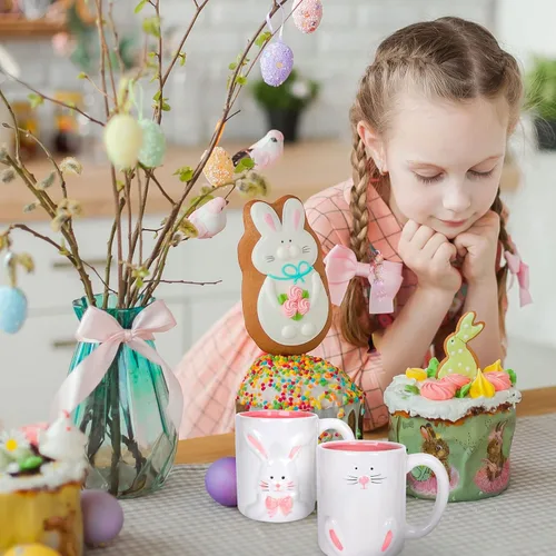 Vista 6 de Whaline 2 tazas de Pascua con asa de 12 onzas, conejo de cerámica, taza de café blanca y rosa para cumpleaños, baby shower, fiesta, decoración