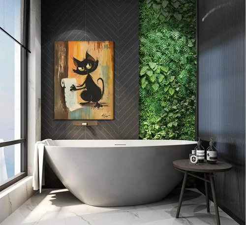 Vista 3 de Divertido Arte de Pared de Baño de Gato Negro en Lienzo Arte de Pared de Gato Abstracto con Imagen de Papel Higiénico Decoración de Pared Póster