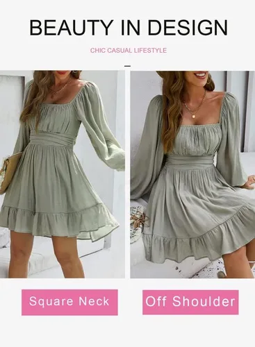 Vista 4 de Dokotoo Vestido para mujer de manga larga tipo farol, cuello cuadrado, espalda descubierta con lazo, sexy vestido acampanado con volantes y cintura