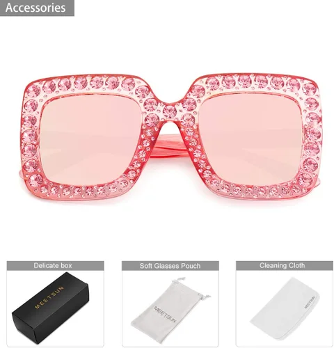 Vista 6 de MEETSUN Elton Square Rhinestone Sunglasses Oversized Bling for Women with Diamond Frames 70s Retro for Beach & Disco