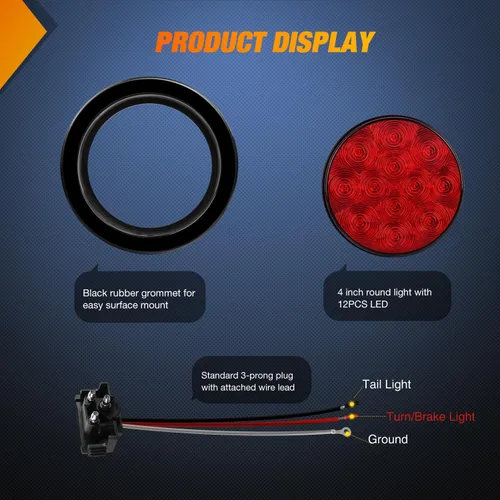 Vista 3 de Nilight - TL-18 2PCS Luces Traseras LED Redondas Rojas de 4" para Remolque con Enchufes de Ojales de Montaje en Superficie IP67 Luces de Parada Rojo