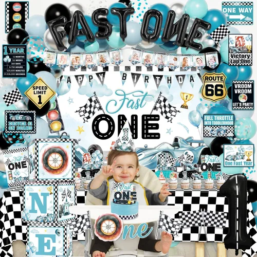 Vista 6 de Fast One - Decoraciones de cumpleaños para niños, 143 piezas de suministros de decoración de primera fiesta de carreras para bebé, pancarta
