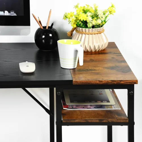 Vista 7 de FurnitureR Escritorio para computadora con estantes para espacios pequeños, escritorio simple para oficina en casa, escritorio de estudio Marrón
