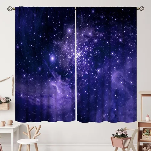 Vista 14 de Cortinas de planeta galaxia, espacio exterior, universo, nebulosa, estrellas, cielo estrellado, con bolsillo para cortinero, para sala de estar