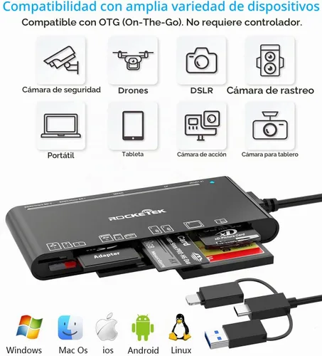 Vista 7 de USB C Lightning USB3.0 Lector de múltiples tarjetas para SD CF XD MS Micro SD TF, 7 en 1 lector de tarjetas de memoria adaptador Hub