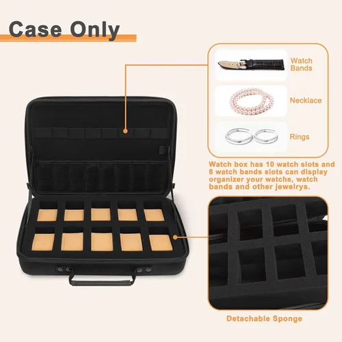 Vista 4 de MOSISO Caja de reloj, 10 ranuras para relojes, organizador de exhibición de relojes para hombres, organizador de caja de reloj portátil con asa
