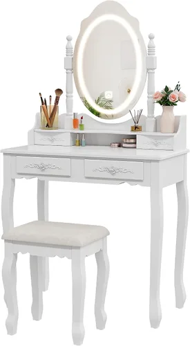 Vista 2 de Escritorio de tocador con espejo y luces, mesa de maquillaje con juego de Blanco