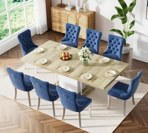 Vista 25 de Mesa de comedor extensible de 78.74 pulgadas para 6 8 y 10 pulgadas, moderna mesa de comedor extensible de granja con base de doble pedestal, mesa