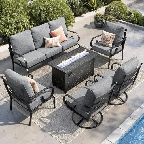 Vista 27 de PHI VILLA Patio Furniture Set with 4 Rocking Chairs & Fire Pit, Beige